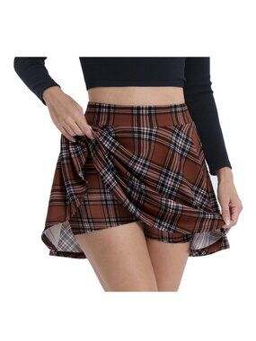 NWT DJT Stretchy High Waist A-Line Plaid Mini Skater Skirt w- Shorts Skort XL